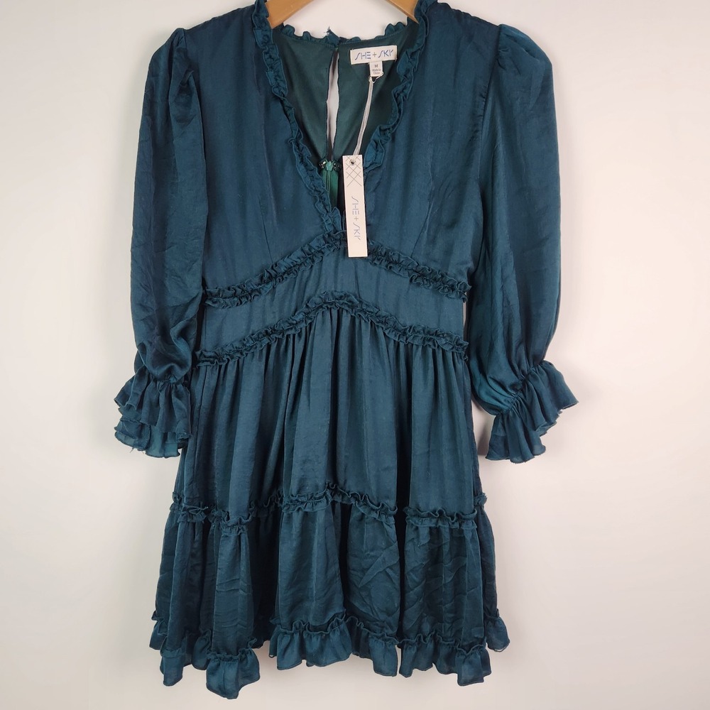She‎ + Sky Green Tiered  V Neck Short Mini Ruffle Dress Size Medium New Bohemian